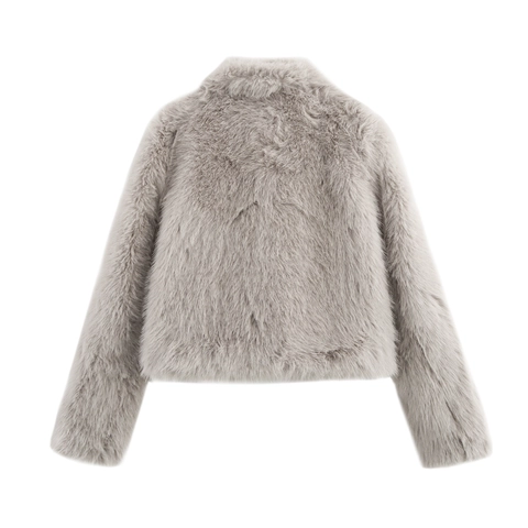 Abrigo De Piel Sintética Para Mujer Chaqueta Corta Cuello Solapa Manga Larga Ajuste Holgado Ropa De Calle Gris Claro