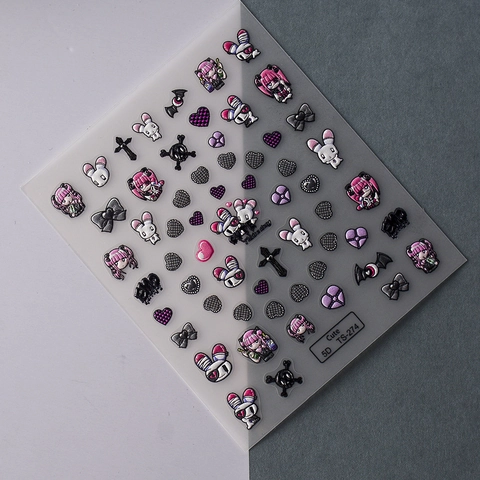 Stickers Ongles Relief 5D Auto Adhésifs Gothique Punk Dessin Animé Lapin Cœur Croix Décoration Manucure DIY