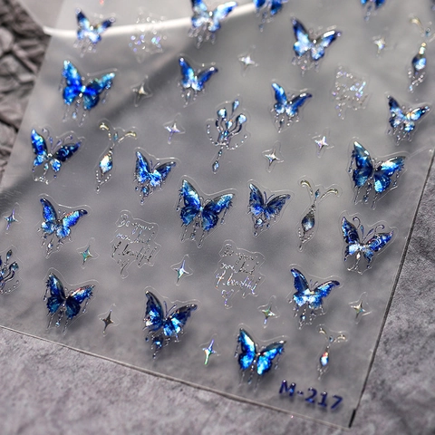 Blue Butterfly Nail Art Stickers Laser Holographic Self Adhesive Manicure Decoration Luxury Butterfly Decals For Women