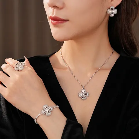 Hollow Floral Clover Necklace Bracelet Ring Earrings With Silver Earring Post Copper Zircon Women Elegant Jewelry
