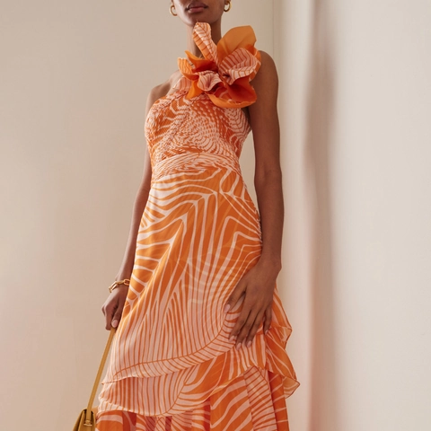Dames Badpak Uit Eén Stuk Eén Schouder 3D Bloemendecoratie Tropische Palmprint Oranje Wit Strand Resort Zwemkleding
