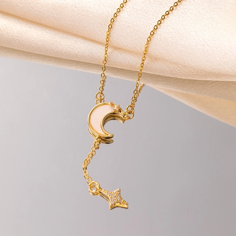 New Fashion Star Moon Pendant Necklace For Women Titanium Steel Gold Plated Rhinestone Clavicle Chain Jewelry Gift