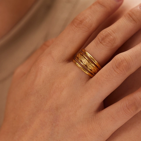 304 Roestvrijstalen Open Ring Voor Dames Frans Vintage Meerlagig Goud Tarwekorrel Textuur Verstelbare Vingersieraden