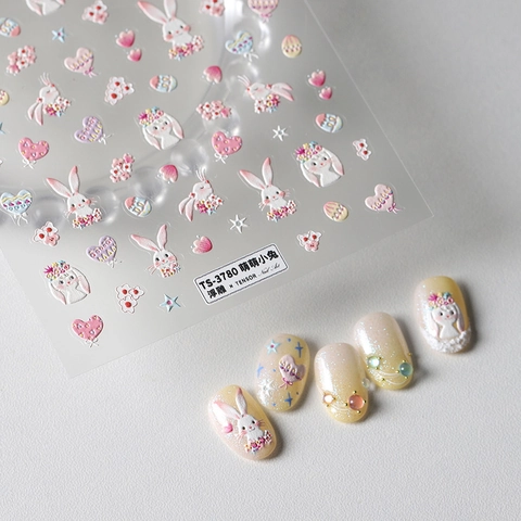 Süße Kaninchen Nagelsticker 5D Geprägt Klebend Herz Blume Ostern Aufkleber Für Frauen