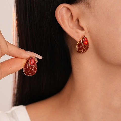 Vintage Teardrop Earrings Alloy Rhinestone Enamel Texture With Silver Earring Post Bohemian Style Women Jewelry Elegant