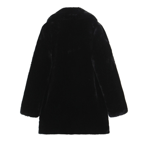 Women Faux Fur Coat Black Mid-Length Thick Warm Winter Jacket Elegant Lapel Long Sleeve Plush Solid Outerwear