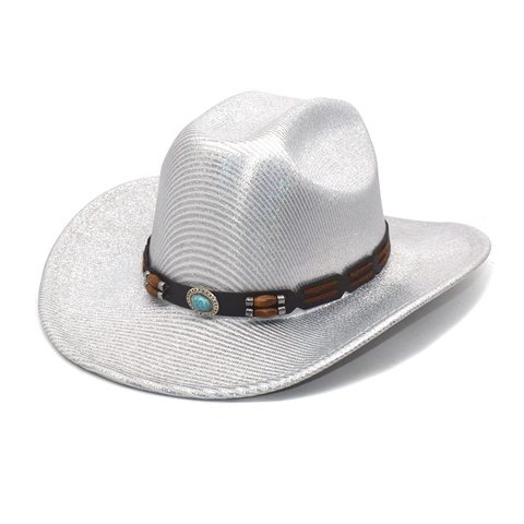 Western Cowboy Fedora Hat Cotton Polyester Wide Brim Metallic Glitter Turquoise Ethnic Wood Beads Bohemian Style For Men Women