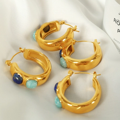 Creolen Goldbeschichtet Edelstahl Naturstein Lapislazuli Amazonit Klobig C-Form Retro Edelstahl Earring Post