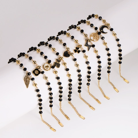 Mode 304 Edelstahl Vergoldetes Armband Für Damen Schwarze Perlen Herz Mond Blitz Lebensbaum Anhänger Armband Schmuck