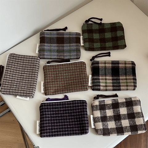 Retro Münzbeutel Aus Wolle Mit Karomuster Mini Tragbare Stofftasche Für Lippenstift Und Damenbinde Reißverschluss