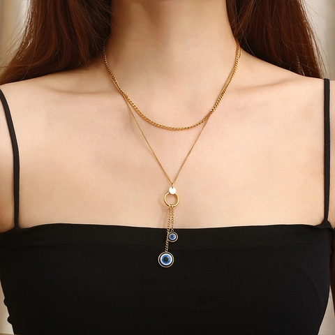 Evil Eye Jewelry For Women Stainless Steel Double Layer Necklace And Stud Earrings Bohemian Retro Cross Shell Inlay Gold Plated