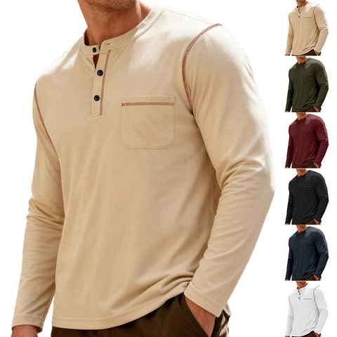 Men Henley Shirt Long Sleeve Contrast Stitching Chest Pocket Breathable Polyester Spandex Casual Urban Slim Fit Tops