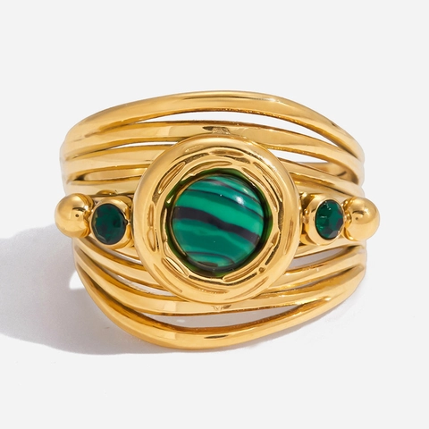 Anillo Aperto Retrò In Acciaio Inossidabile Placcato Oro 18K Per Donna Con Malachite Verde Gioielli Geometrici Cavi