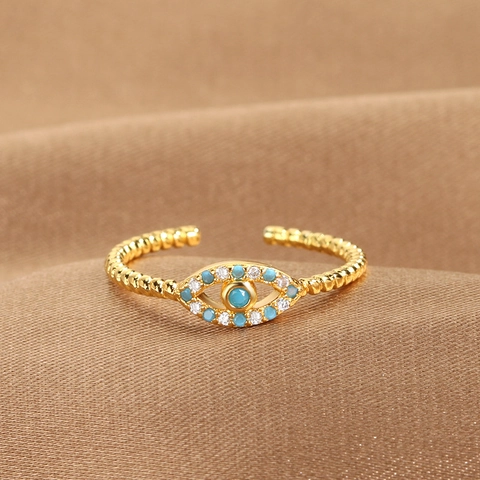 Vintage Evil Eye Open Ring Copper Gold Silver Plated Zirconia Adjustable Finger Ring Bohemian Jewelry For Women