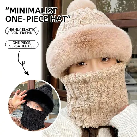 Women Winter Hat And Scarf Integrated Knit Hooded Cap Thickened Fleece Lined Windproof Pom Pom Outdoor Warm