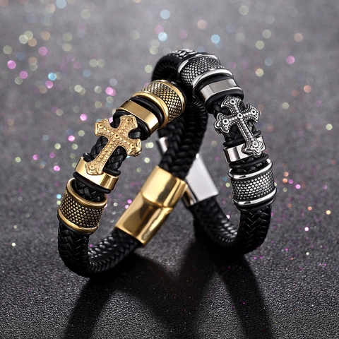 Bracciale In Pelle Intrecciata Da Uomo Con Ciondolo A Croce In Lega Vintage Punk Bracciale Fatto A Mano Per Uomo Chiusura Magnetica