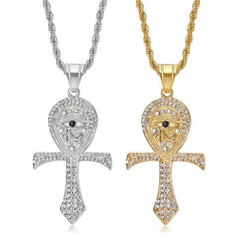 Iced Out Eye Of Horus Ankh Cross Pendant Necklace Titanium Steel With Rhinestones Gold Plated Hip Hop Jewelry