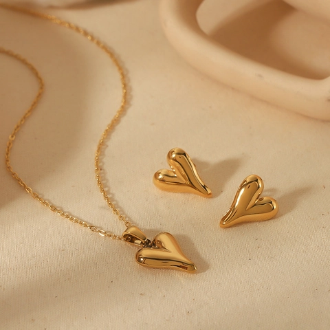 Heart Pendant Necklace And Earrings High Polished 18K Gold Plated Stainless Steel Mirror Finish Minimalist For Women