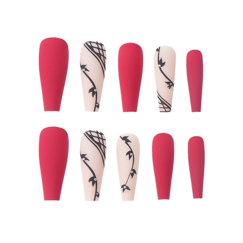 Unghie Finte Lunghe Coffin Rosse Opache Motivo Fiori Di Vite Nera Strass Ballerina Manicure Artificiale