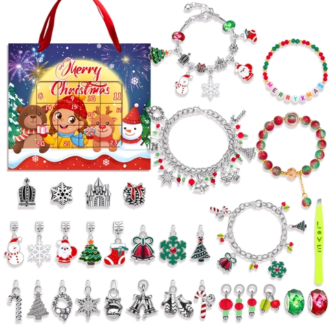 Calendrier Avent Noël Kit Bracelets Bijoux Compte À Rebours DIY Alliage Cristal Perles Boîte Cadeau Filles Enfants