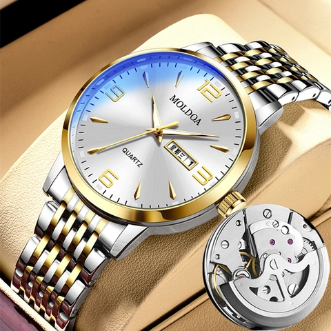 Men Business Quartz Watch Bicolor Gold Silver Stainless Steel Strap Luminous Day Date Waterproof Luxury Analog Style