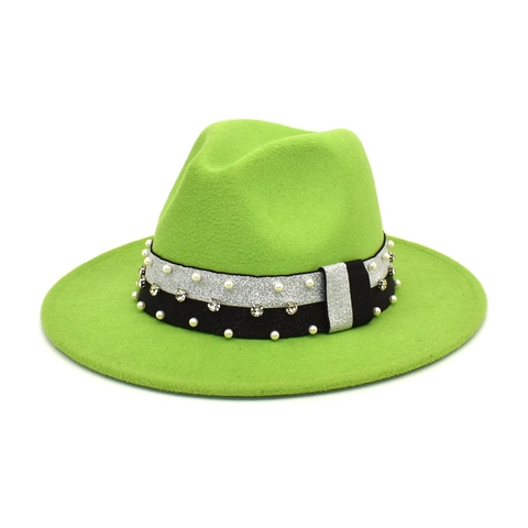 Sombrero Fedora de Lana Unisex Vintage Británico Con Cinta de Perlas y Strass Sombrero de Jazz Retro de Ala Ancha para Protección Solar