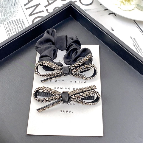 Ensemble Accessoires Cheveux en Satin de Luxe Élégant Nœud Strass Noir Chouchou Serre-tête Pince pour Femmes Quotidien