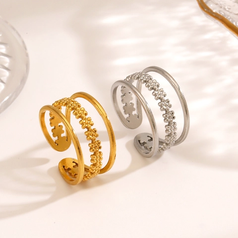 Stainless Steel Flower Ring Multi Layer Three Row Open Adjustable Band Vintage Minimalist Jewelry Gift For Women