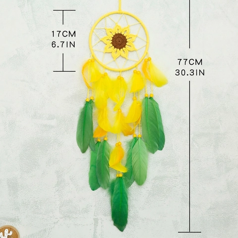 Acchiappasogni Girasole Fatto A Mano Cotone Uncinetto Con Piume Gialle Verdi Decorazione Da Parete Boho Per Cameretta