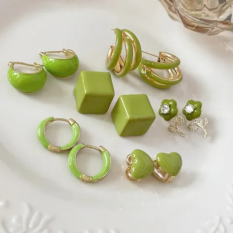 Green Enamel Geometric Heart Earrings With 925 Sterling Silver Earring Post C-Shaped Floral Elegant Jewelry For Women