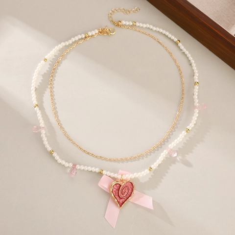 Sweet Double Layer Necklace Heart Bowknot Pendant Faux Pearl Satin Ribbon Choker For Women Vintage Aesthetic Romantic Jewelry