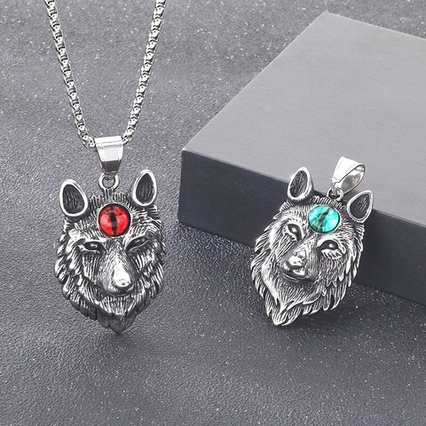 Wolf Head Pendant Necklace Stainless Steel Cat Eye Stone Vintage Distressed Punk Gothic Totem Men Jewelry