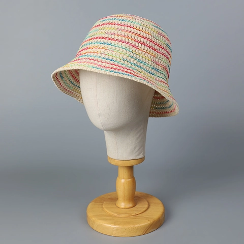 Cappello Da Pescatore In Maglia A Righe Arcobaleno Traspirante Pieghevole Uncinetto Protezione Solare Mare Moda Donna