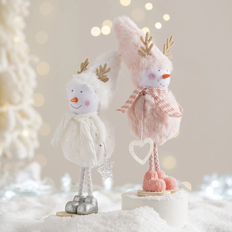 Christmas Snowman Plush Ornament With Reindeer Antlers Scarf Star Heart Charm Desktop Tabletop Holiday Decor Cartoon Cute
