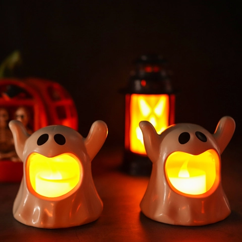 Ghost LED Candle Lamp Halloween Decoration Plastic Electronic Spooky Desktop Ornament For Party Spooky Black And White