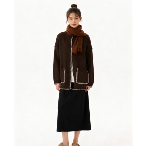 Cardigan Tricoté Femmes Coutures Contrastées Manches Longues Boutonné Surdimensionné Pull