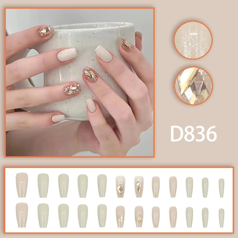 French Style Plaknagels Kistvorm Kunstnagels Met Strass Glitter Eenvoudige Elegante Voor Vrouwen Manicure