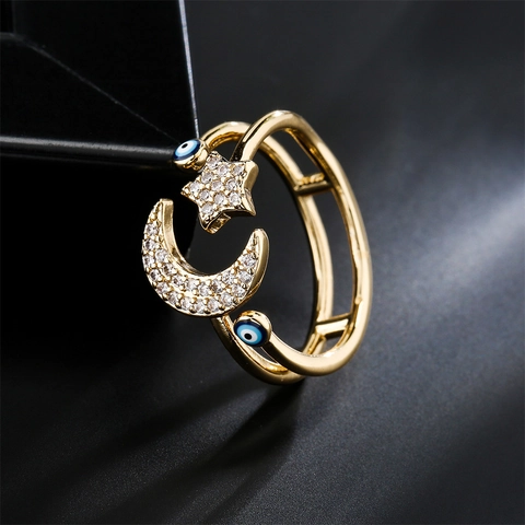 Verstellbarer Kupfer Zirkon Ring Vergoldet Stern Mond Und Böser Blick Bohemian Mode Schmuck Für Damen