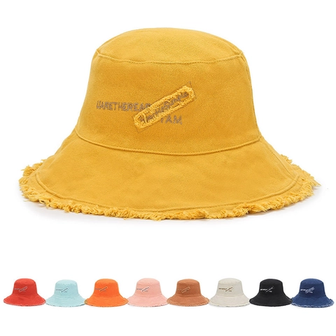 Bucket Hat Frayed Edge Cotton Canvas Summer Sun Protection Street Style Embroidered Patch For Women