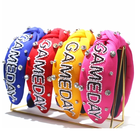 Gameday Beaded Knotted Headband Wide Cloth Hair Band With Rhinestones For Sports Party Women