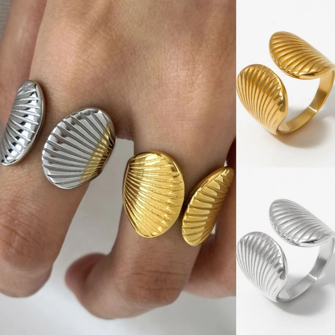 Shell Texture Stainless Steel Ring Waterproof Non-Tarnish Wavy Ribbed Adjustable Open Finger Jewelry Vacation Women