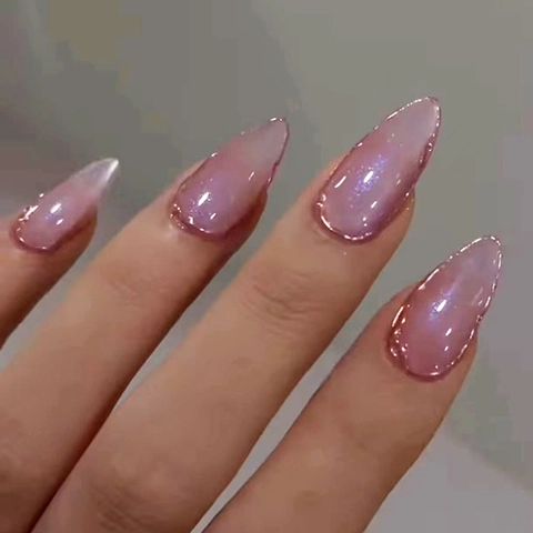 Unghie Finte Press-On Forma Mandorla Effetto Occhio Di Gatto Bordo Dorato Lucido Rosa Viola Metallico Rimovibili