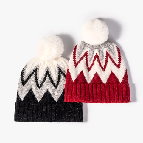 Berretto In Maglia Donna Spesso Caldo Misto Pelo Di Coniglio Motivo Onde Zigzag Con Pompon Bianco Accessorio Invernale