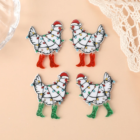 Christmas Chicken Charms Acrylic Double Sided Printing Festive Lights Wearing Xmas Hat Glitter Boots DIY Pendants