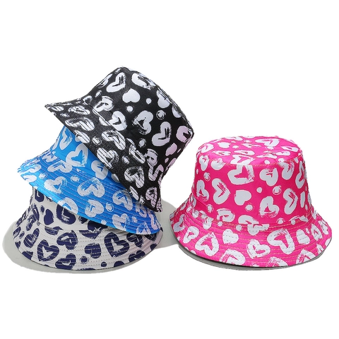 Bucket Hat Polyester Heart Print Graffiti Pattern Sun Protection Streetwear Hip Hop For Women Men Casual Outdoor Summer
