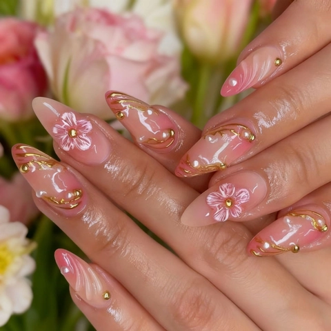 Press On Nägel Lange Mandelform 3D Blumendesign Pink Ombre Glänzende Falsche Nägel Künstliche Perlen Goldlinien Elegant