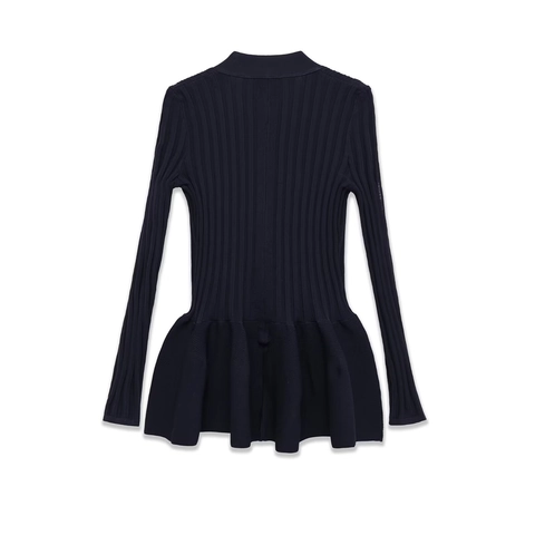 Cardigan In Maglia A Costine Con Peplum E Pantaloni A Zampa Con Volant Da Donna Streetwear Casual Poliestere Scollo V