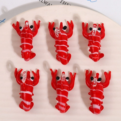 Simpatico Ciondolo Aragosta Simulazione Charm In Vetro Lampwork A Righe Rosse Bianche Con Anello Pendente DIY Gioielli