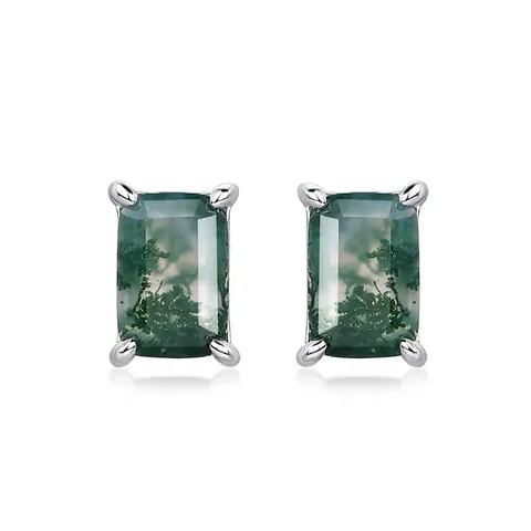 925 Sterling Silver Natural Moss Agate Stud Earrings Geometric Rectangular Emerald Cut Green Gemstone Jewelry For Women