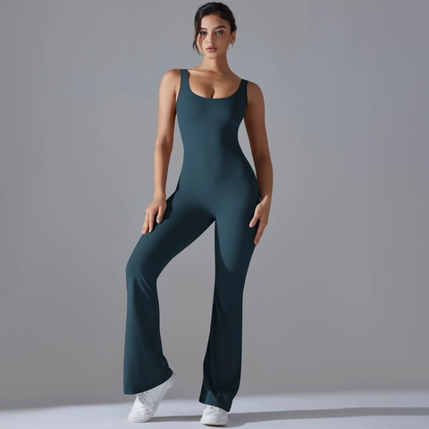 Women Jumpsuit Nylon Spandex Hollow Out Back Flared Leg Yoga Fitness Slim Fit Scrunch Butt Athletic Bodysuit
